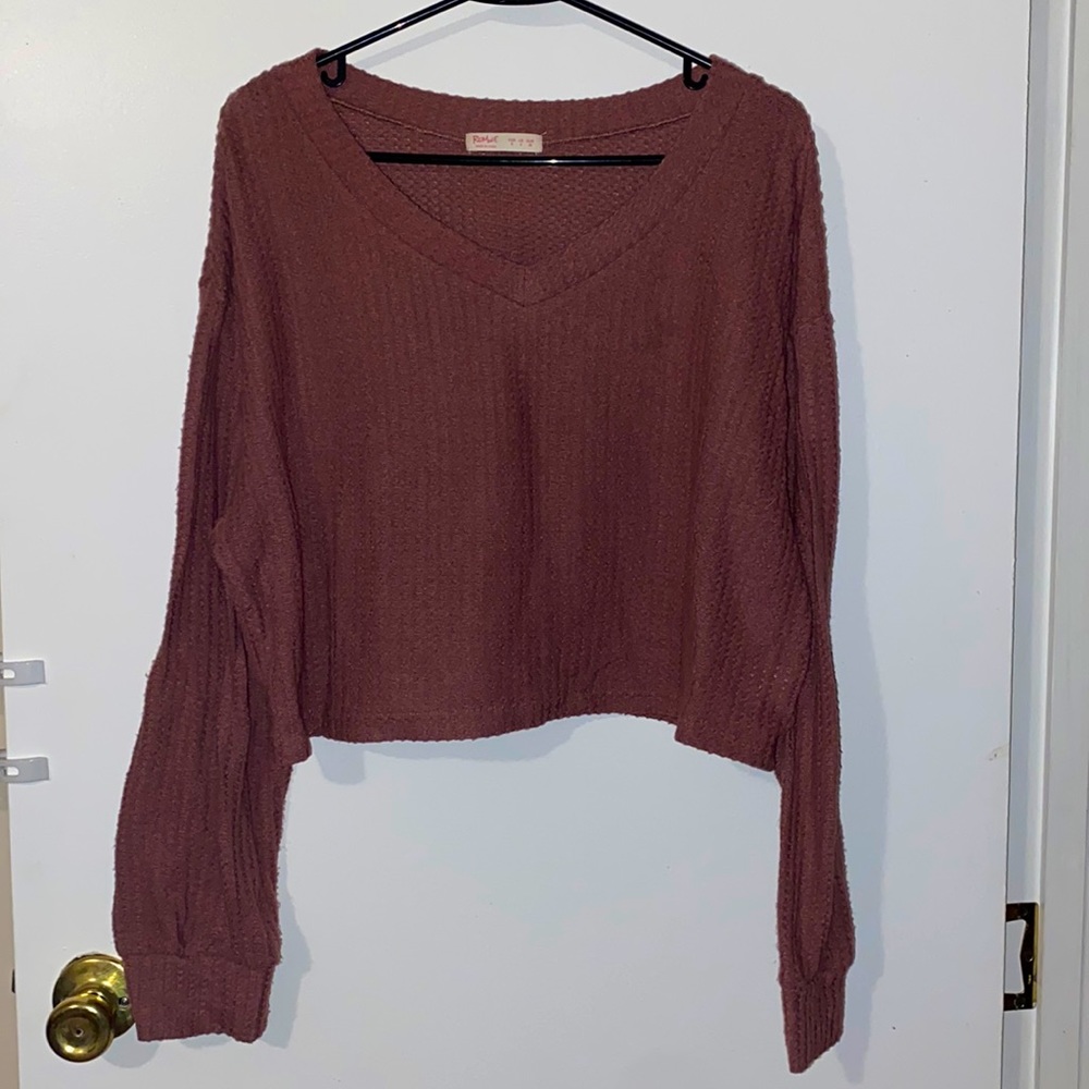 Romwe Long Sleeve V-Neck Knit - Like Crop Top; Light Maroon; (S)